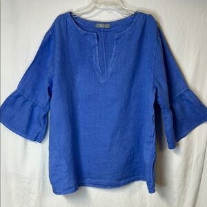 Brin D’ete Women's 100% Linen Top Periwinkle Blue XXL 3/4 Bell Sleeves Pockets